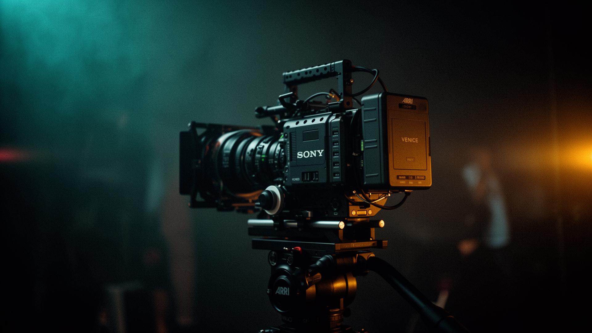 Cinema camera on a film set with dramatic lighting